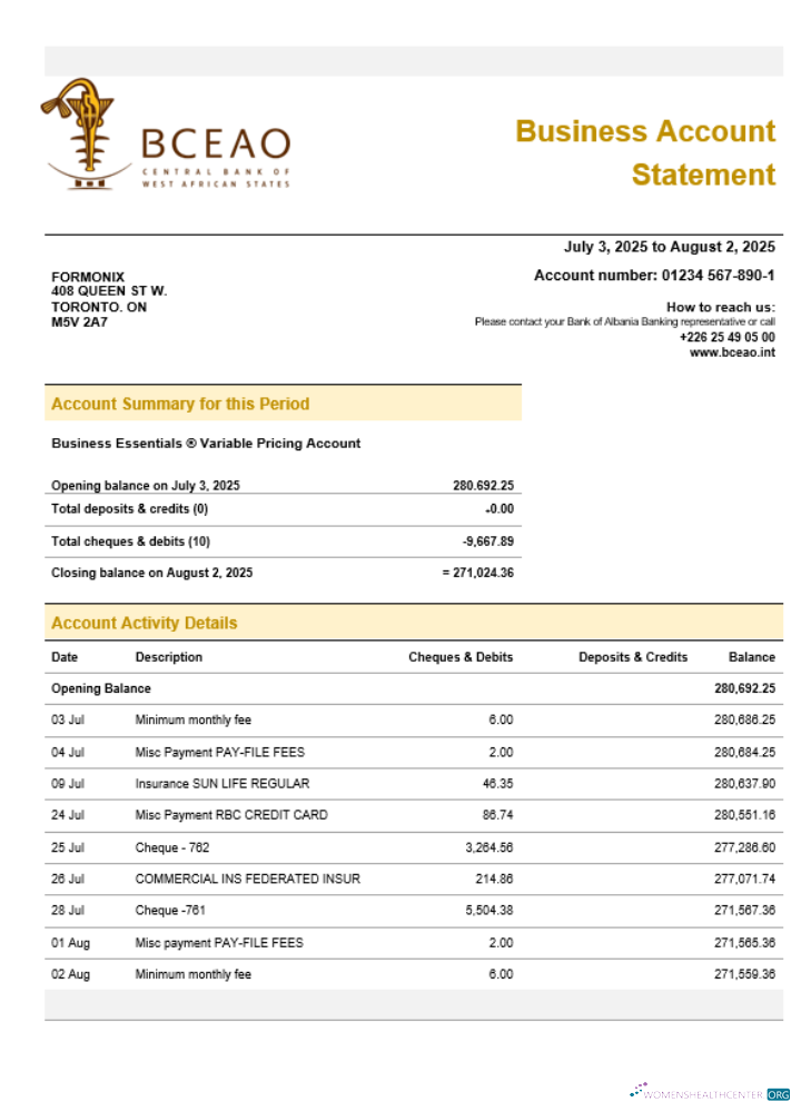 The Central Bank of West African States organization checking account statement Word and PDF format